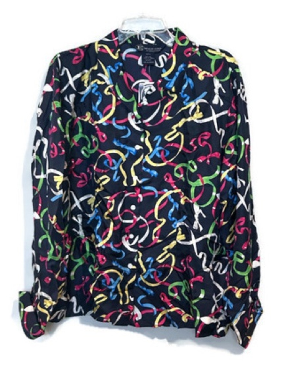 Vintage Silk Ribbon Print Blouse New Colorful Abstract Button Front Top Size XL